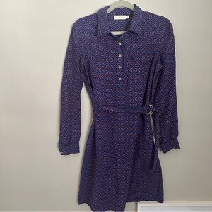 Tory Burch Silk Rylie Ocho Rios Elegant Belted Shirt Navy Blue Patterned Dress 8